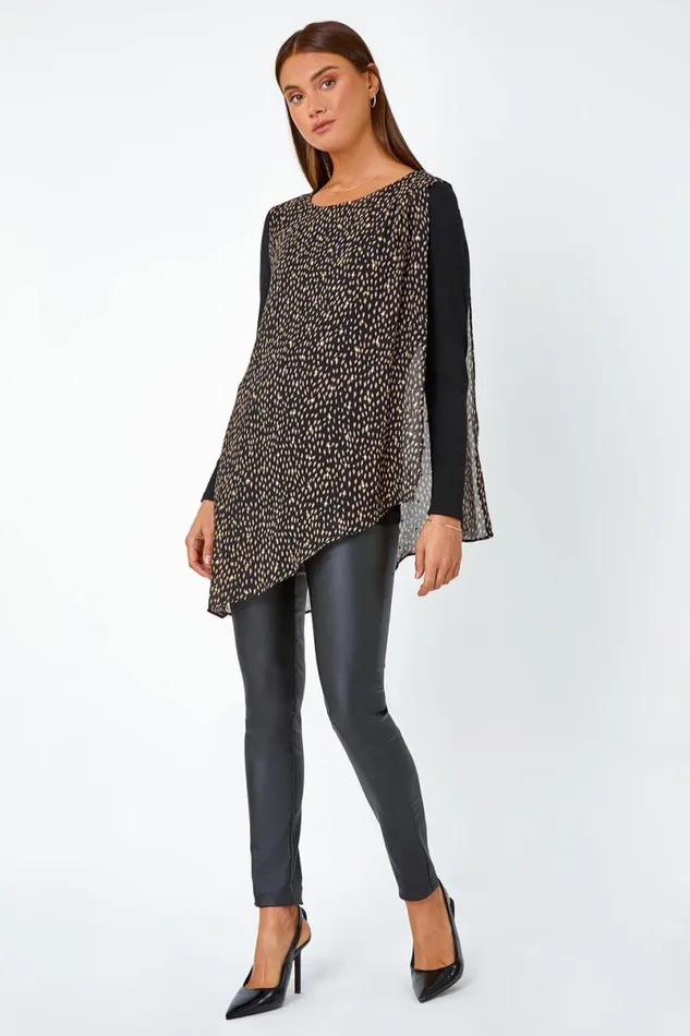 Black Metallic Spot Chiffon Overlay Stretch Top Women Roman Tops
