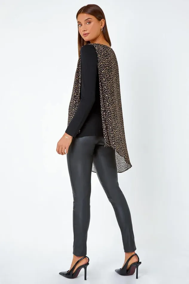 Black Metallic Spot Chiffon Overlay Stretch Top Women Roman Tops