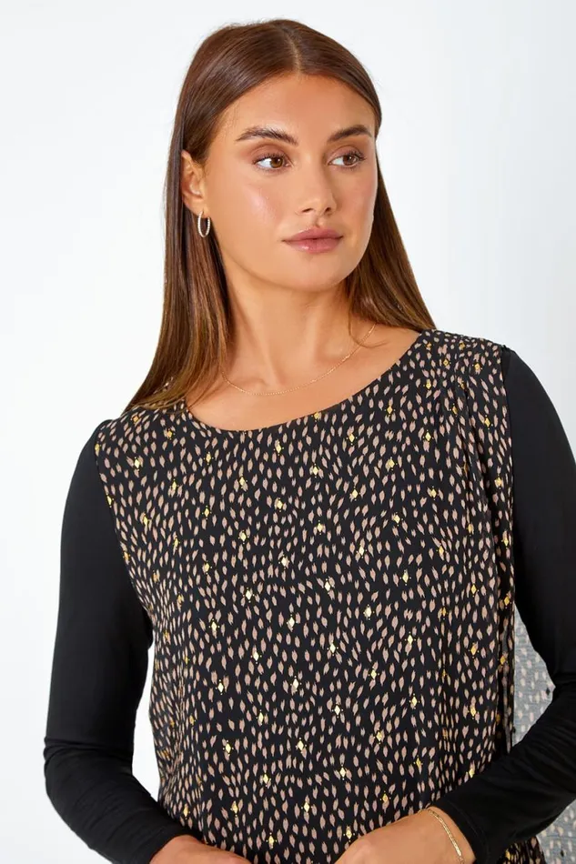 Black Metallic Spot Chiffon Overlay Stretch Top Women Roman Tops