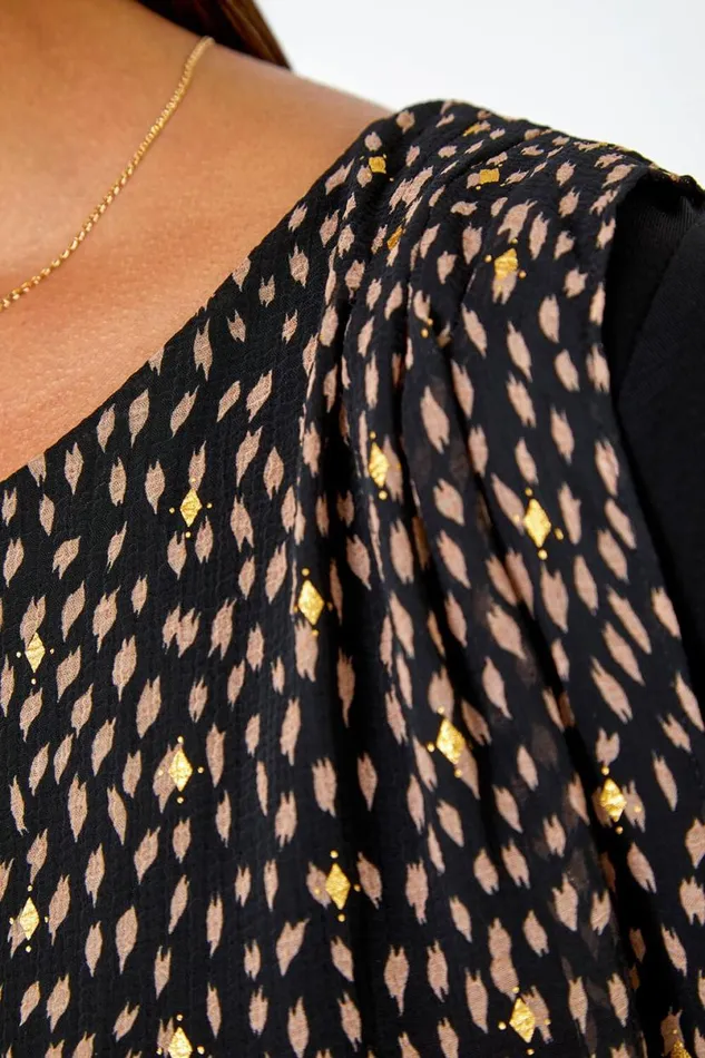 Black Metallic Spot Chiffon Overlay Stretch Top Women Roman Tops