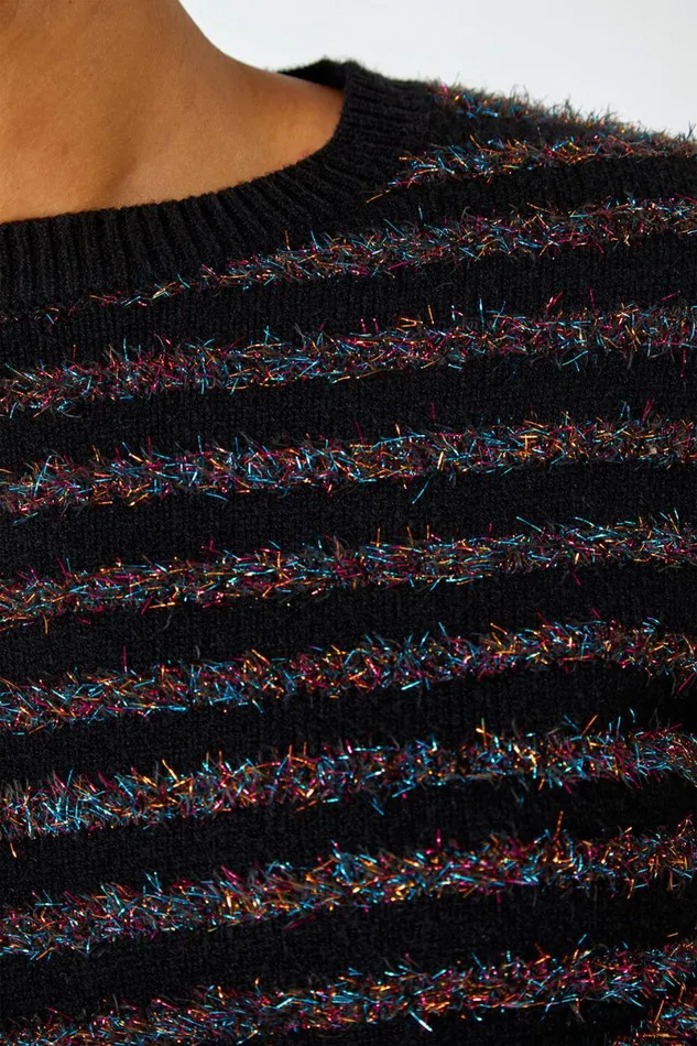 Black Metallic Stripe Fluffy Knit Jumper Women Roman Knitwear