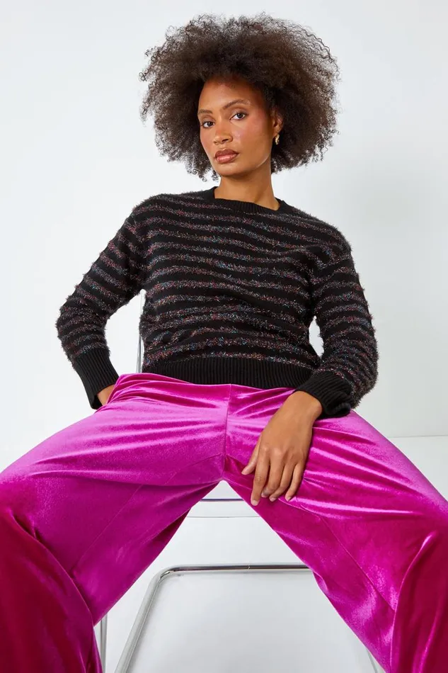 Black Metallic Stripe Fluffy Knit Jumper Women Roman Knitwear