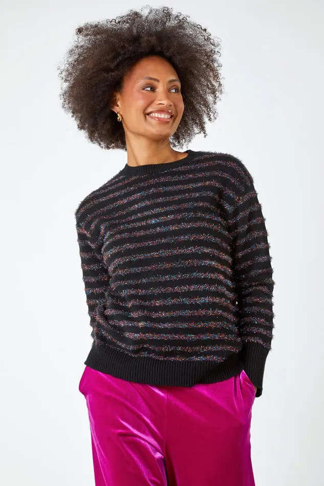 Black Metallic Stripe Fluffy Knit Jumper Women Roman Knitwear