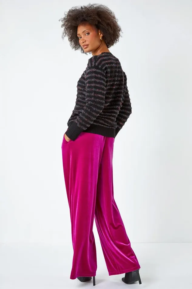 Black Metallic Stripe Fluffy Knit Jumper Women Roman Knitwear