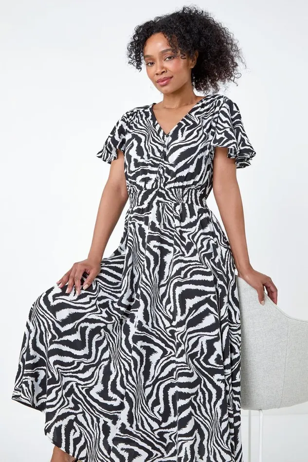 Black Petite Animal Print Shirred Midi Dress Women Roman Dresses