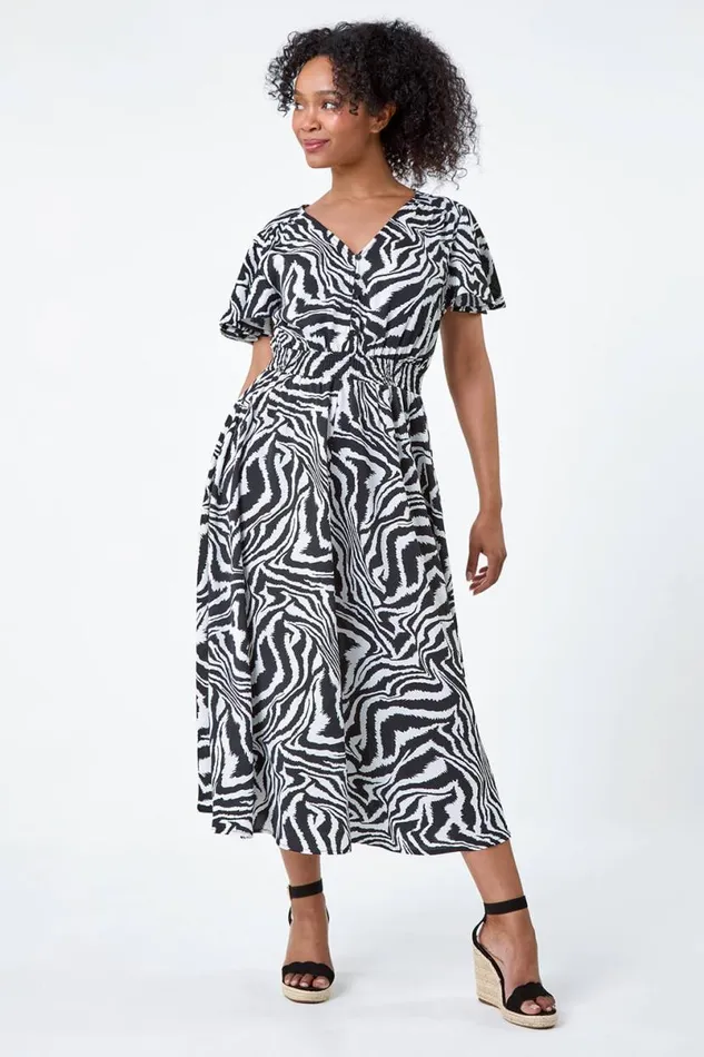 Black Petite Animal Print Shirred Midi Dress Women Roman Dresses