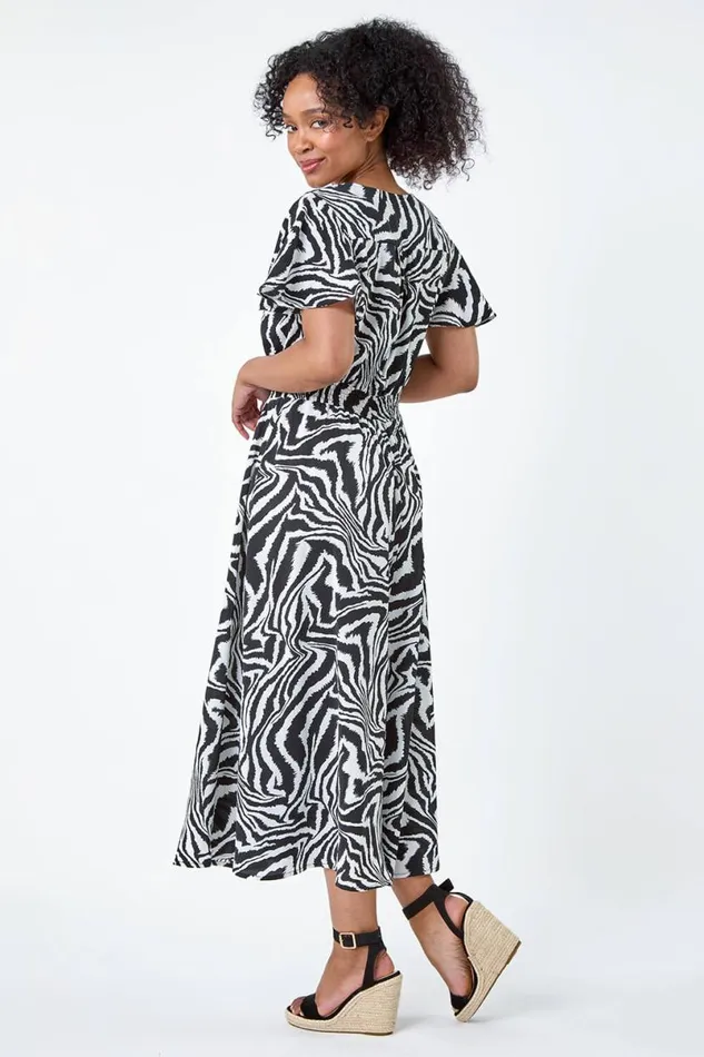 Black Petite Animal Print Shirred Midi Dress Women Roman Dresses
