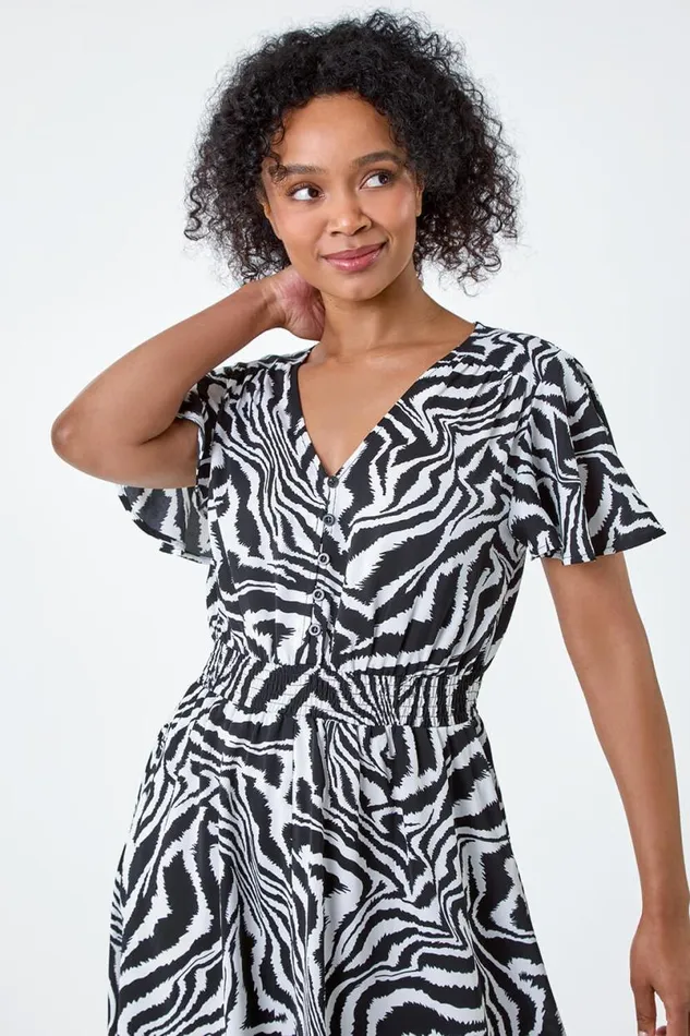 Black Petite Animal Print Shirred Midi Dress Women Roman Dresses