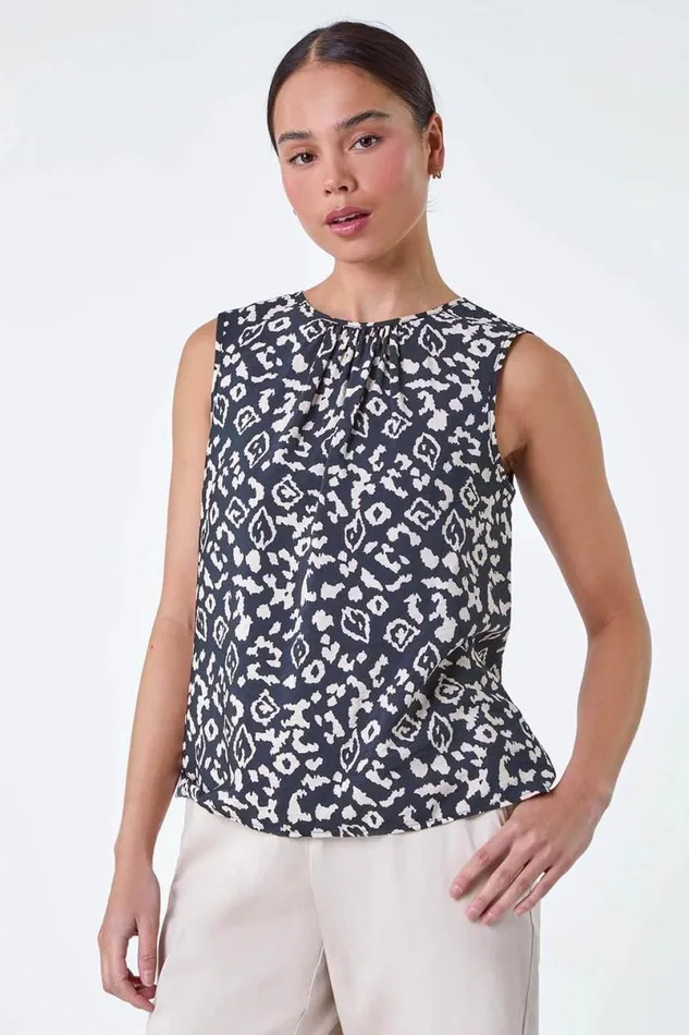 Black Petite Aztec Print Sleeveless Top Women Roman Tops