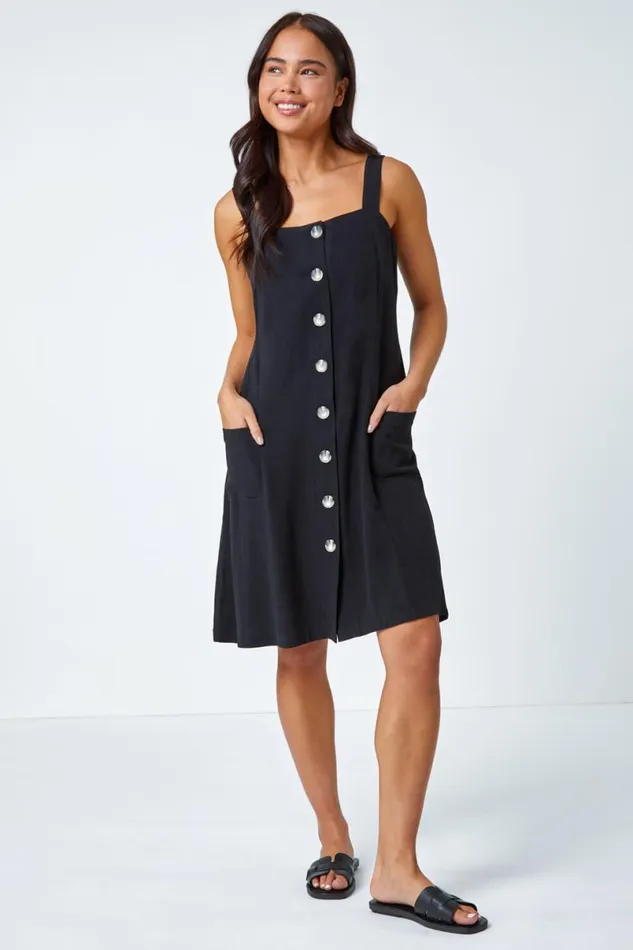 Black Petite Button Front Pocket Dress Women Roman Dresses