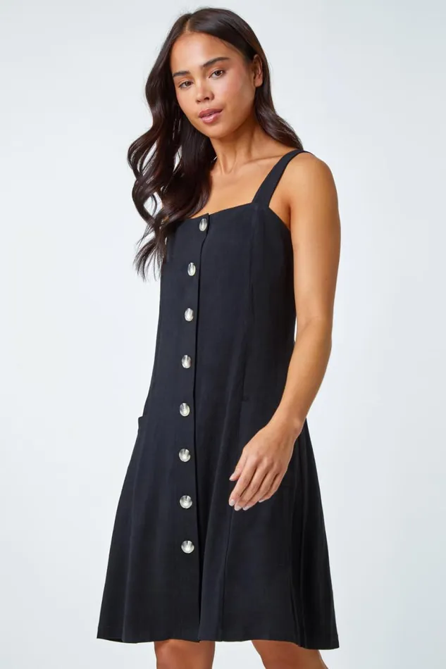 Black Petite Button Front Pocket Dress Women Roman Dresses