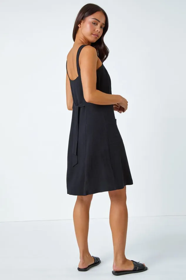 Black Petite Button Front Pocket Dress Women Roman Dresses