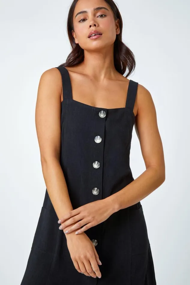 Black Petite Button Front Pocket Dress Women Roman Dresses