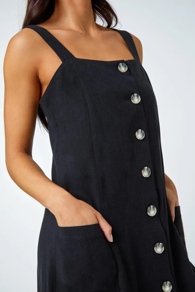 Black Petite Button Front Pocket Dress Women Roman Dresses