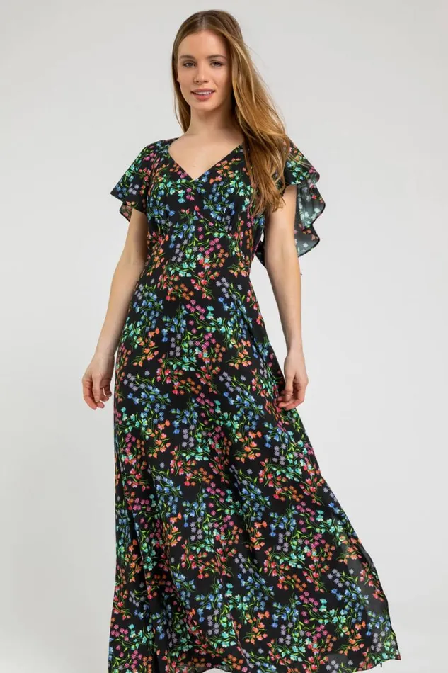 Black Petite Ditsy Floral Print Maxi Dress Women Roman Dresses