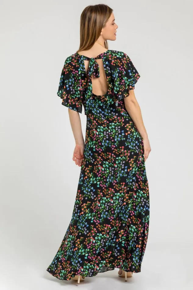 Black Petite Ditsy Floral Print Maxi Dress Women Roman Dresses