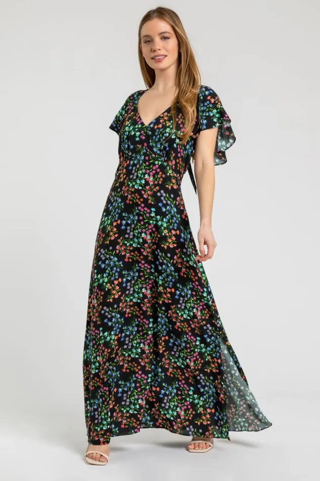 Black Petite Ditsy Floral Print Maxi Dress Women Roman Dresses