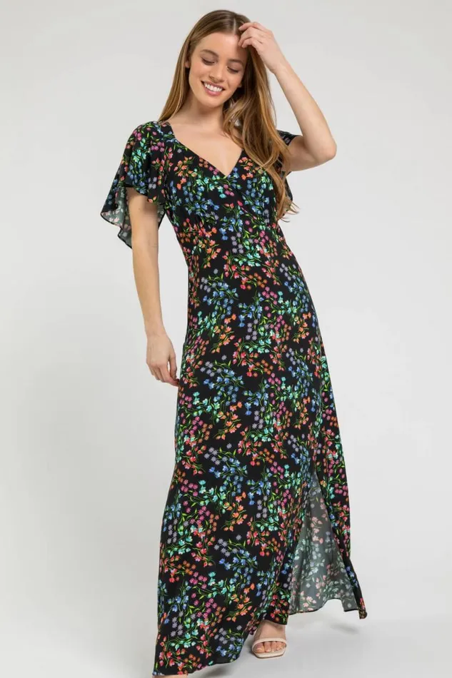 Black Petite Ditsy Floral Print Maxi Dress Women Roman Dresses