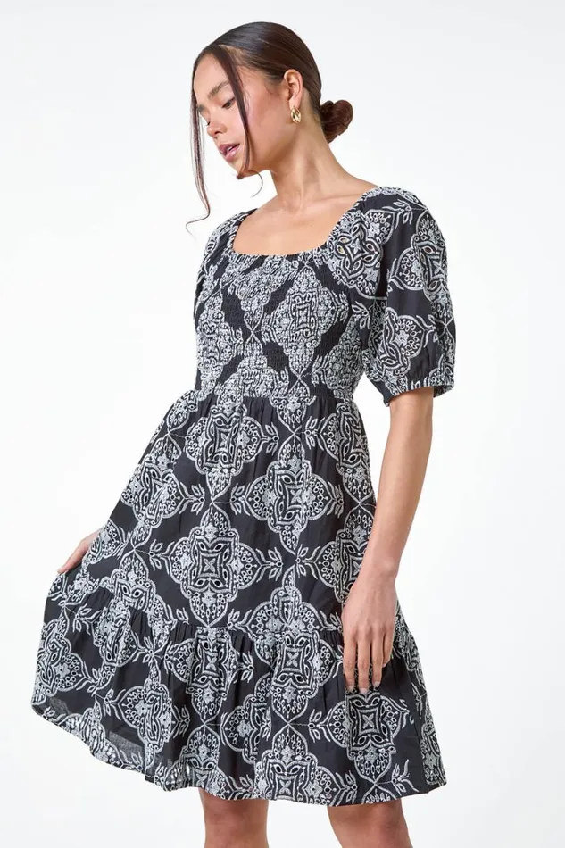 Black Petite Embroidered Cotton Tiered Dress Women Roman Dresses