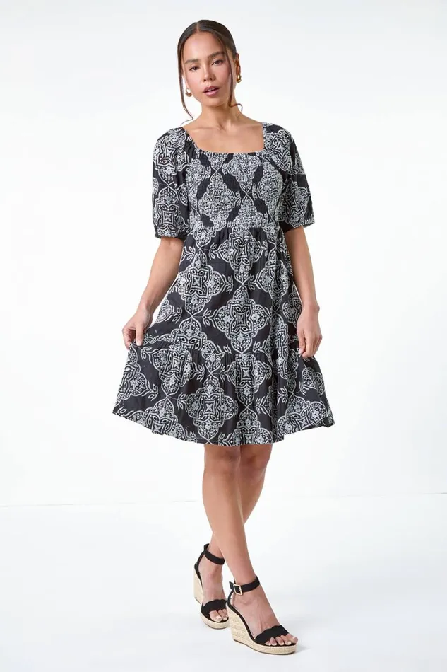 Black Petite Embroidered Cotton Tiered Dress Women Roman Dresses
