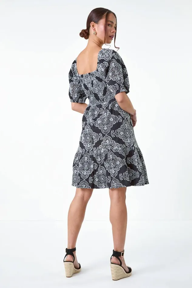 Black Petite Embroidered Cotton Tiered Dress Women Roman Dresses