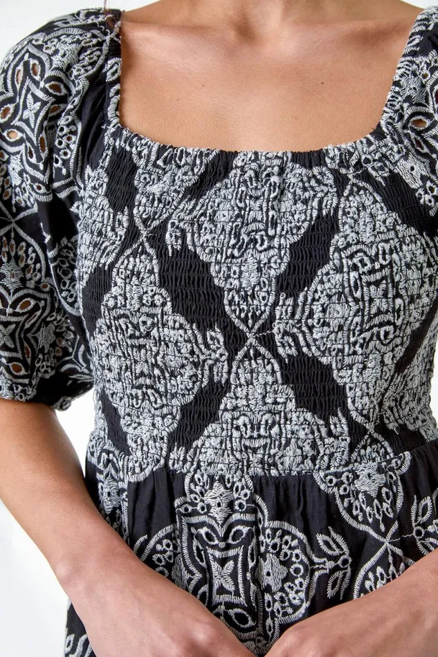 Black Petite Embroidered Cotton Tiered Dress Women Roman Dresses