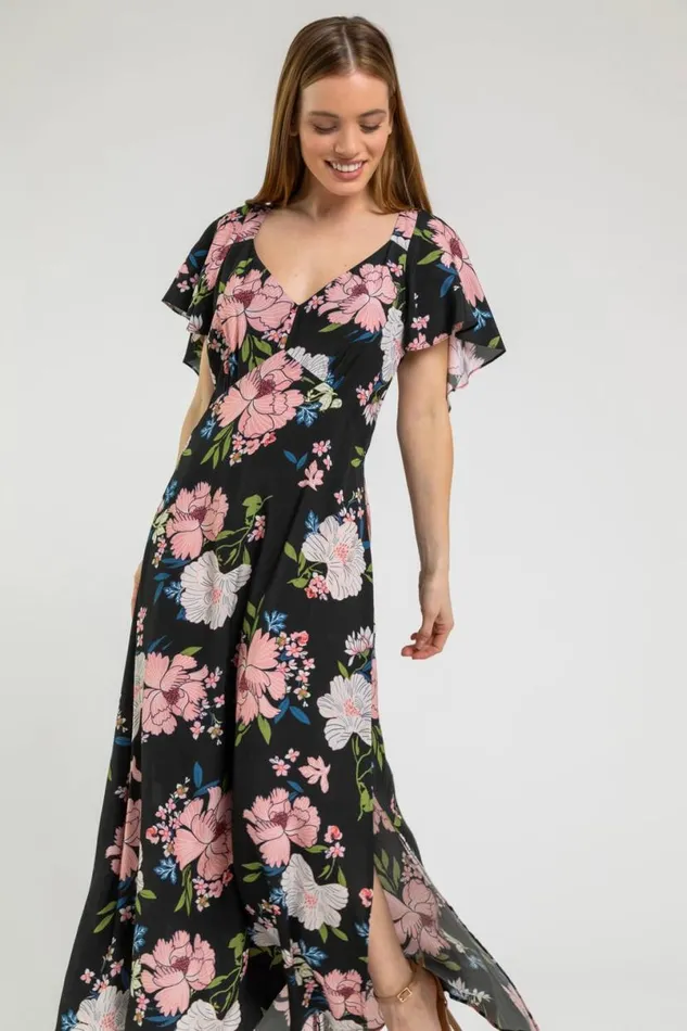 Black Petite Floral Print Maxi Dress Women Roman Dresses