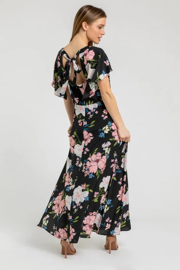 Black Petite Floral Print Maxi Dress Women Roman Dresses