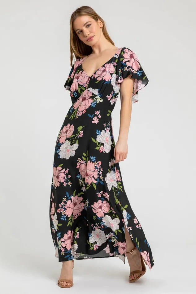 Black Petite Floral Print Maxi Dress Women Roman Dresses