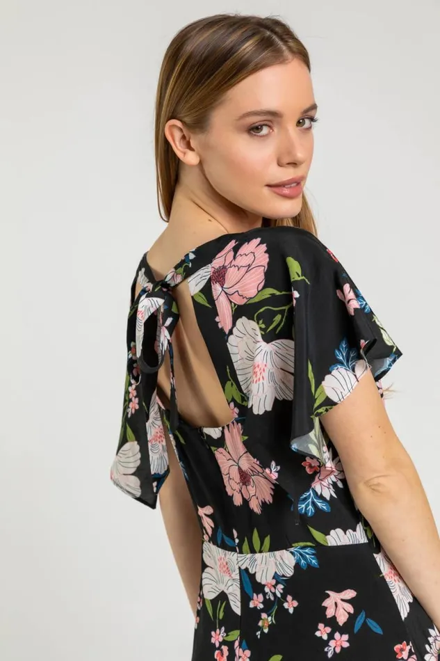 Black Petite Floral Print Maxi Dress Women Roman Dresses
