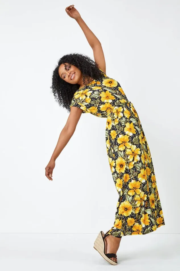 Black Petite Floral Spot TShirt Maxi Dress Women Roman Dresses