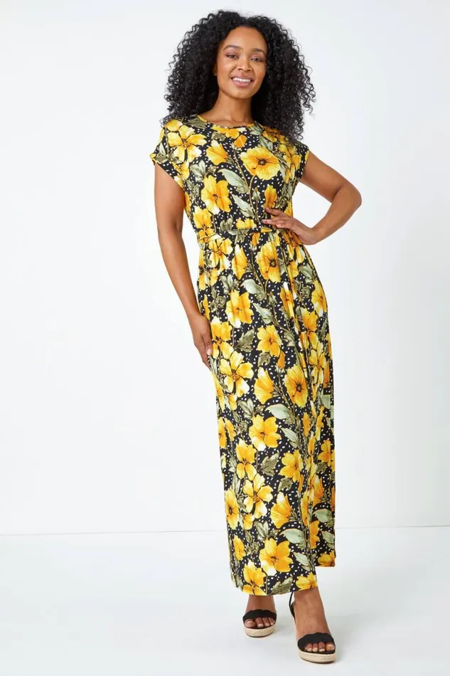 Black Petite Floral Spot TShirt Maxi Dress Women Roman Dresses