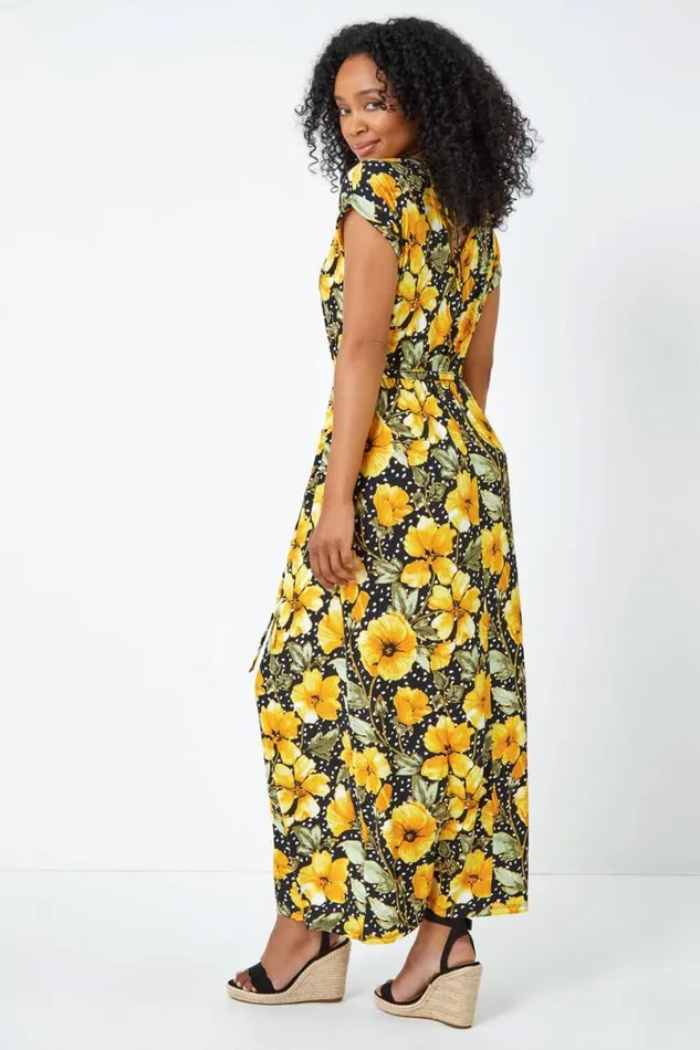 Black Petite Floral Spot TShirt Maxi Dress Women Roman Dresses