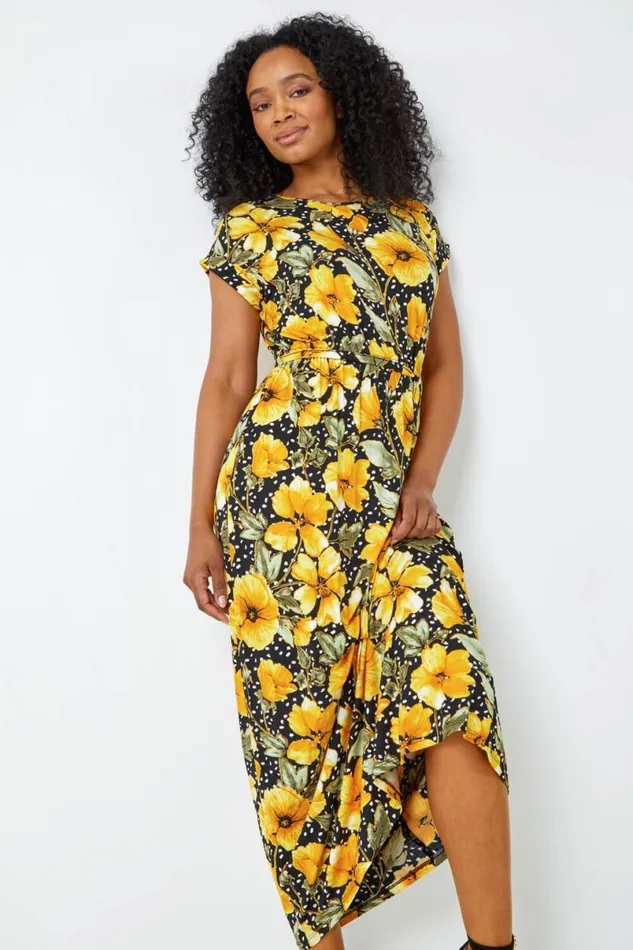 Black Petite Floral Spot TShirt Maxi Dress Women Roman Dresses