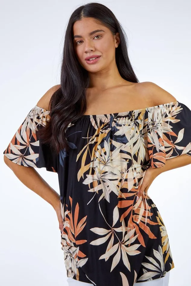 Black Petite Leaf Print Stretch Jersey Bardot Top Women Roman Tops