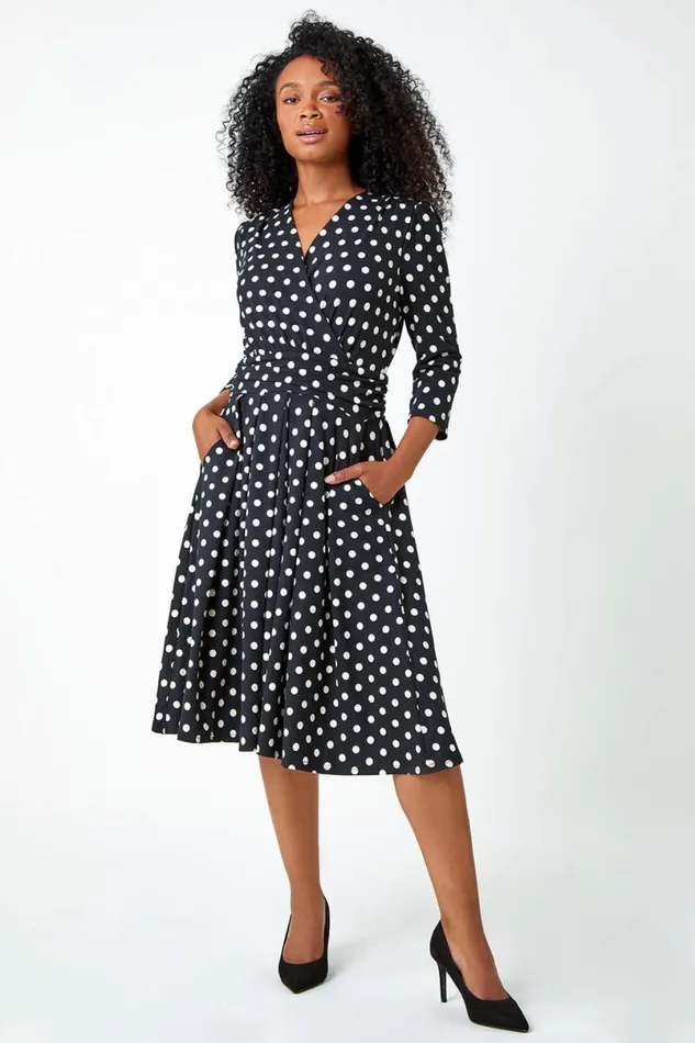 Black Petite Polka Dot Midi Stretch Dress Women Roman Dresses