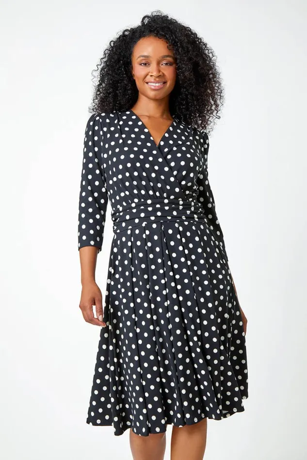 Black Petite Polka Dot Midi Stretch Dress Women Roman Dresses