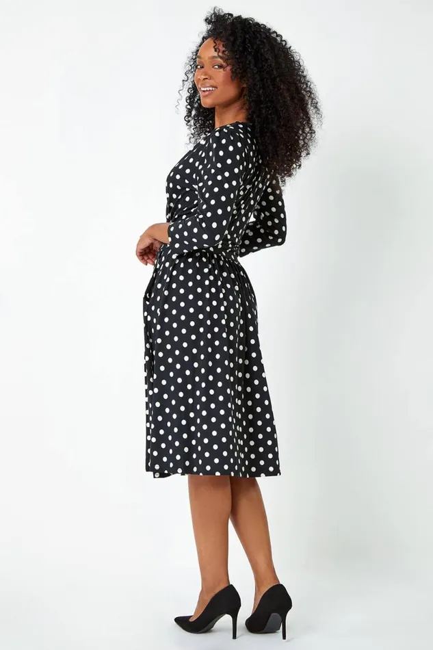 Black Petite Polka Dot Midi Stretch Dress Women Roman Dresses