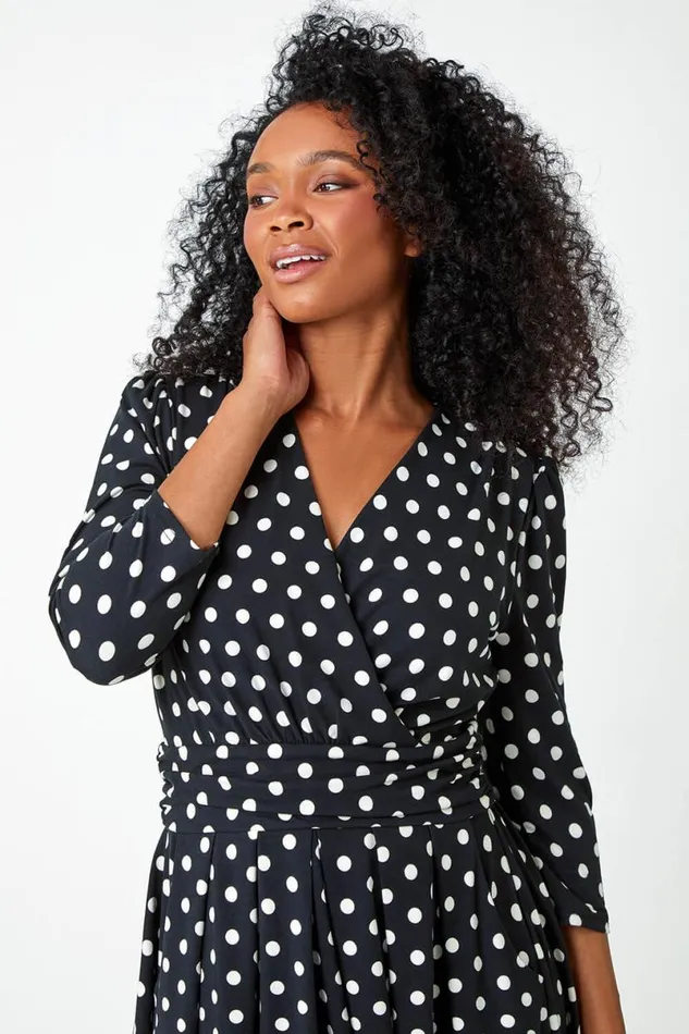 Black Petite Polka Dot Midi Stretch Dress Women Roman Dresses