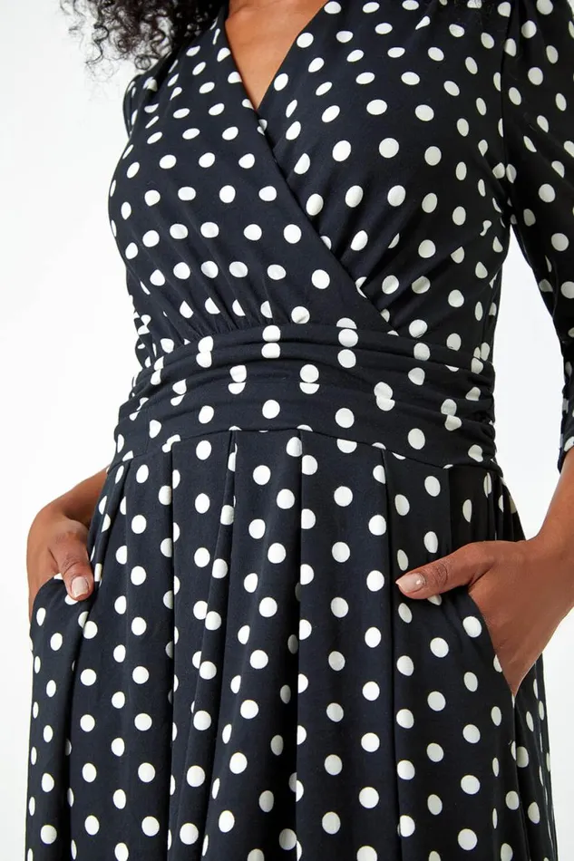 Black Petite Polka Dot Midi Stretch Dress Women Roman Dresses