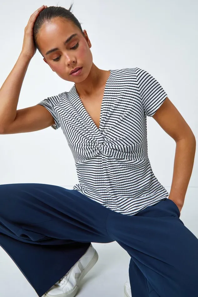 Black Petite Stripe Twist Soft VNeck Stretch Top Women Roman Tops