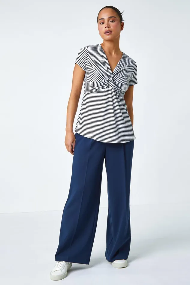 Black Petite Stripe Twist Soft VNeck Stretch Top Women Roman Tops