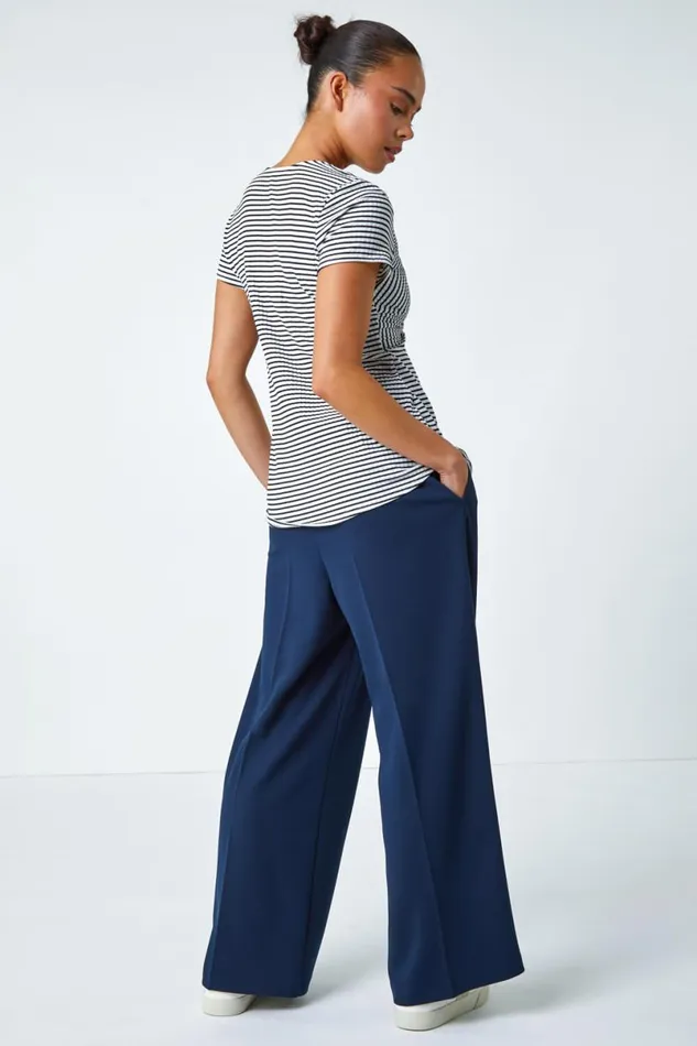 Black Petite Stripe Twist Soft VNeck Stretch Top Women Roman Tops