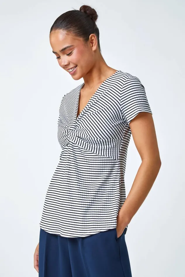 Black Petite Stripe Twist Soft VNeck Stretch Top Women Roman Tops