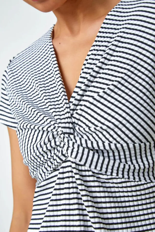 Black Petite Stripe Twist Soft VNeck Stretch Top Women Roman Tops