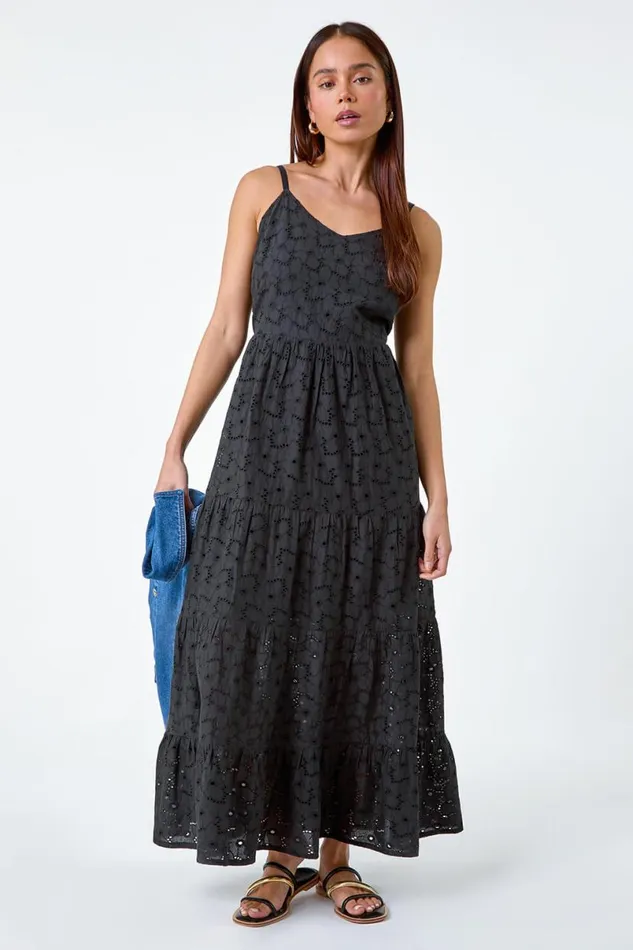 Black Petite Tie Detail Broderie Dress Women Roman Dresses