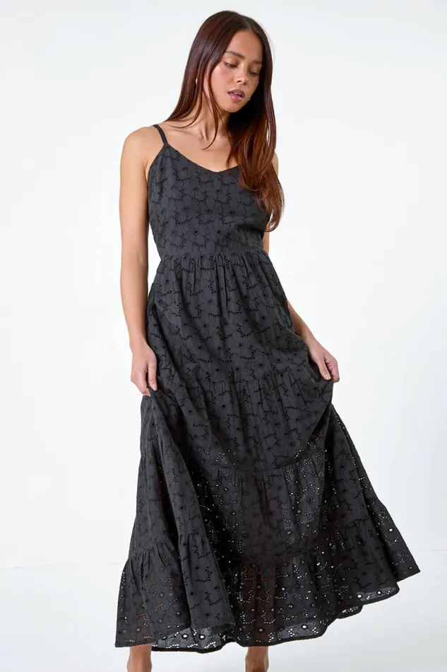 Black Petite Tie Detail Broderie Dress Women Roman Dresses