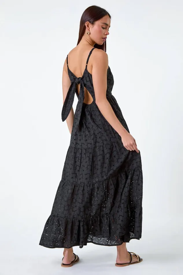 Black Petite Tie Detail Broderie Dress Women Roman Dresses