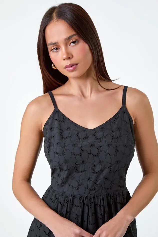 Black Petite Tie Detail Broderie Dress Women Roman Dresses