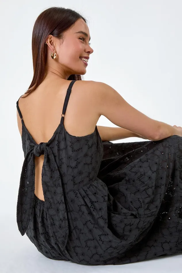 Black Petite Tie Detail Broderie Dress Women Roman Dresses